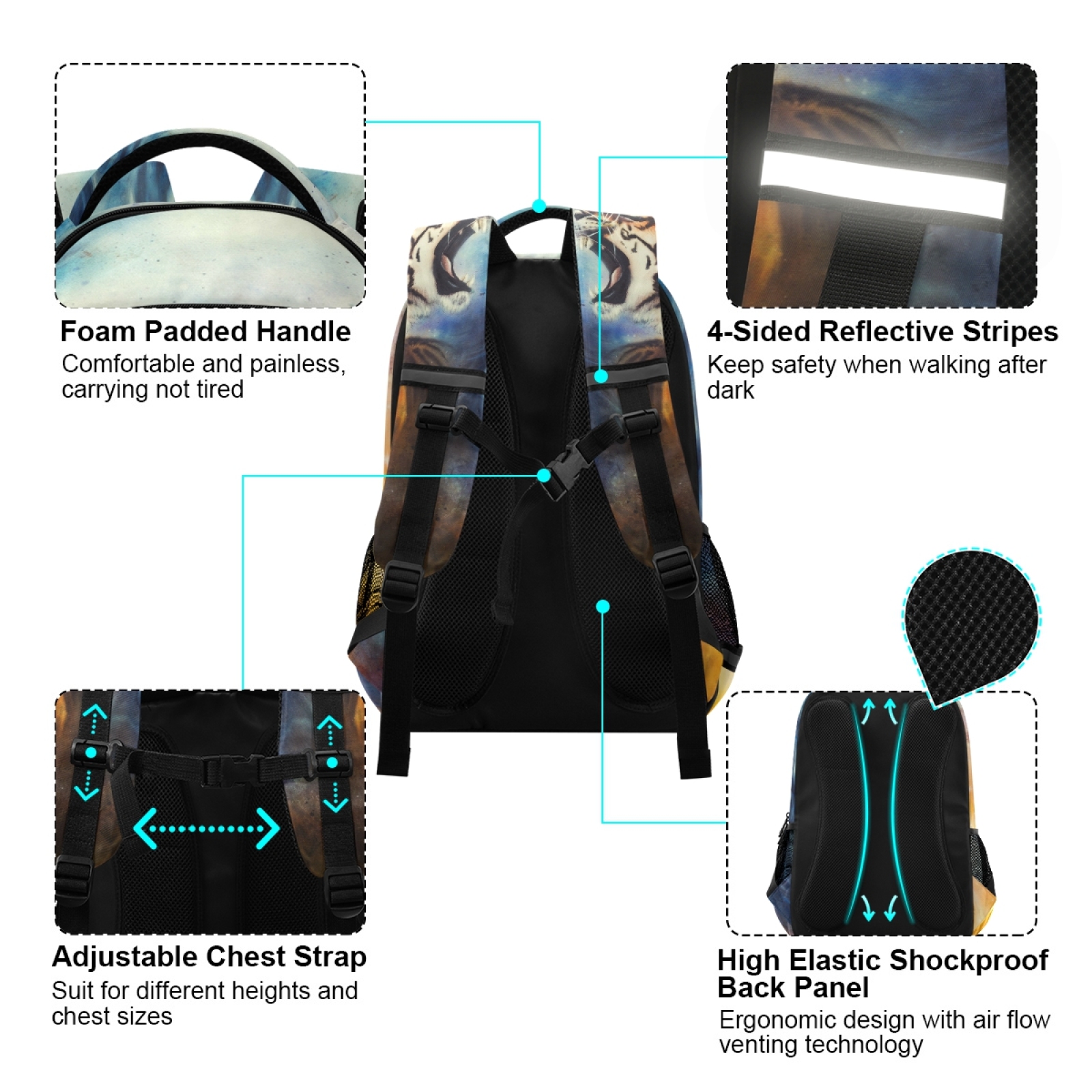 Schulrucksack mit tigerfellmuster für Teenager und jungen, großes fassungsvermöGen, reflektierender streifen, Laptop-Rucksack, mochila