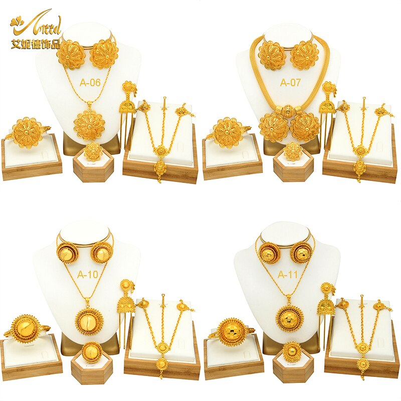 ANIID etiope da sposa 6 pezzi Set di gioielli collana di lusso Color oro marocchino africano Set regalo di accessori per feste di nozze nigeriane