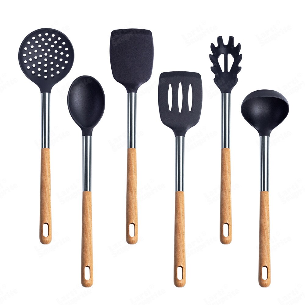 Kit d'ustensiles de cuisine en Silicone, ensemble d'outils de cuisine, accessoires allongés manche en bois massif, spatule cuillère Kit avec ustensiles de rangement: B06-A