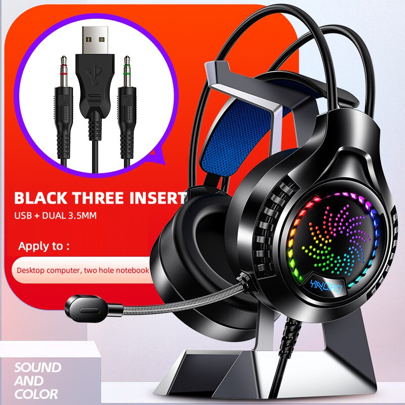 Cool Led Light Wired Gaming Headphones With Mic Bass Stereo Noise Reduction For Computer PC Gaming Headset: Black USB Dual 3.5mm