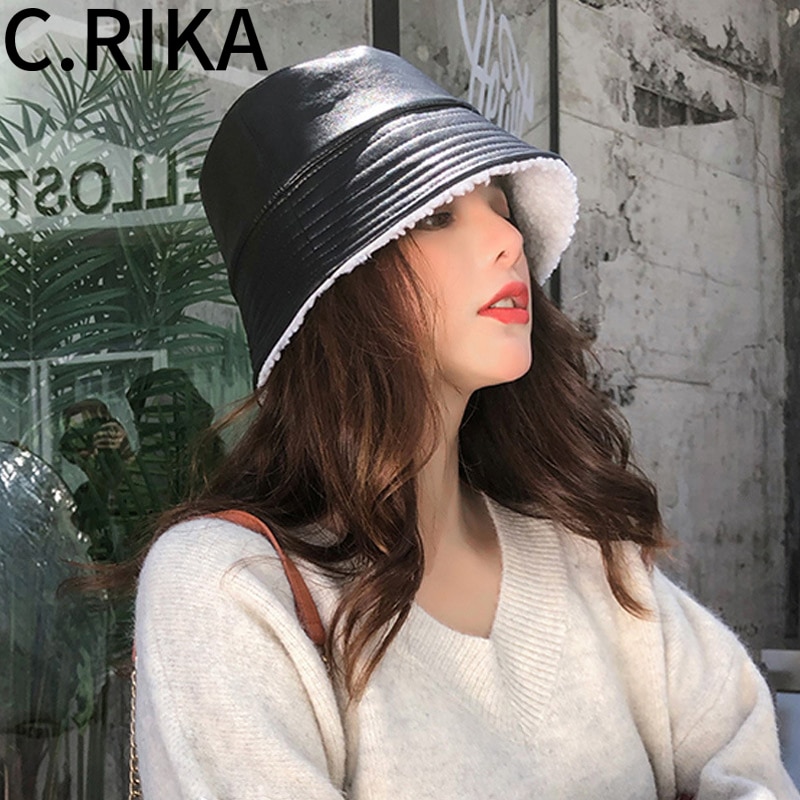 Efterår vinter mænd kvinder pu læder bøttehat kvindelig japansk fiskerhat bob drenge piger varm plus fløjl panama