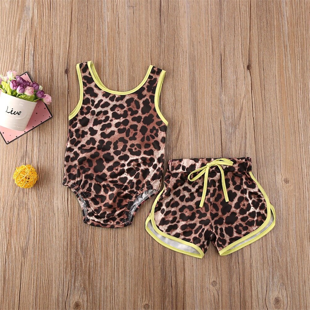 2 pçs roupas de bebê terno beachwear bebê meninas leopardo conjunto biquíni banho novo verão maiô bodysuit shorts tankini