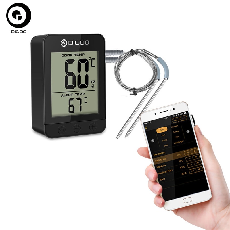 Digoo Smart DG FT2203 Bluetoorh LED Display BBQ Kitchen Cooking Thermometer Metal Probes APP Function For Meat BarbecueGrilling