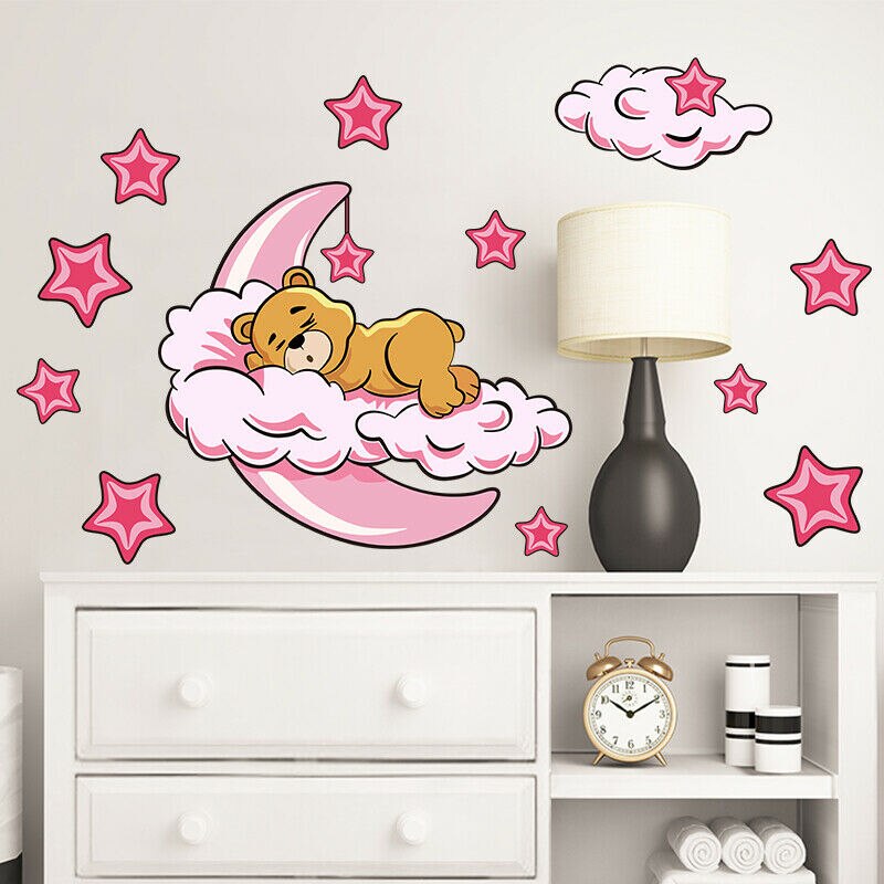 Hjem kid værelse dekoration sød sovende bjørn måne stjerner plads vægmaleri vinyl væg kunst mærkat mærkat