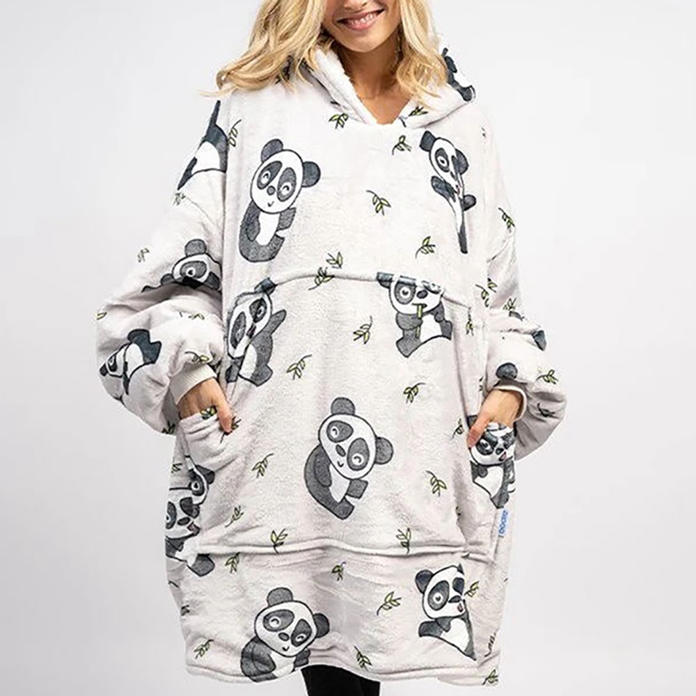 Fleece filtar huva med ärmar bärbar sherpa filtar överdimensionerad tröja vinter varm huva filt tecknad mjuka rockar
