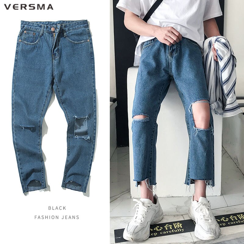 VERSMA-ropa de calle GD para hombre, pantalones vaqueros rasgados de motorista, rasgados, Rip Curl, Hip Hop, Punk, desgastados, 3/4