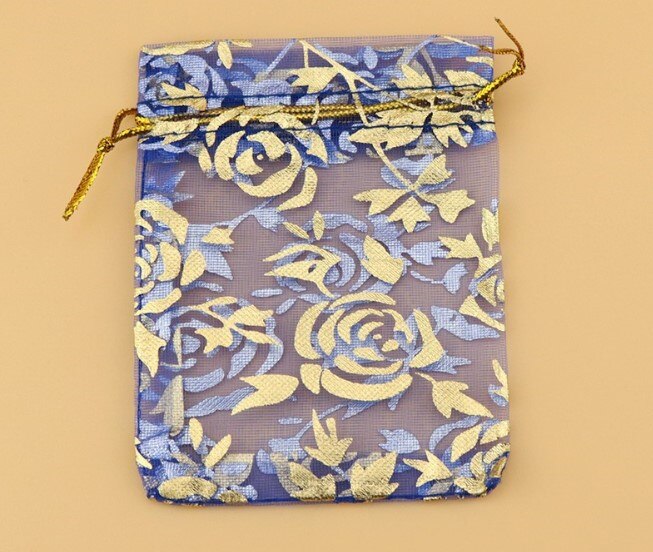 100 stuks/partijen sieradenverpakkingen, organza garen zakjes, net zakjes, gouden stempel snoepkleurige trekkoord bedankjes zakjes: Blauw