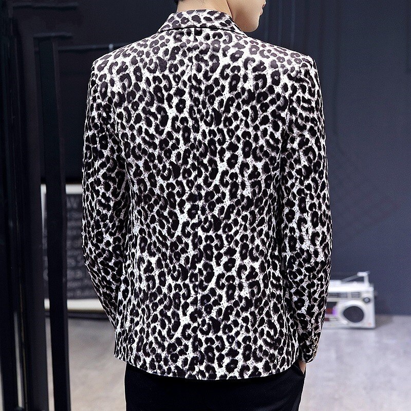 Men Leopard Print Blazer Night Club Casual Single Breasted Suit Jacket High Street Autumn Long Sleeve Slim Fit Male Outerwear