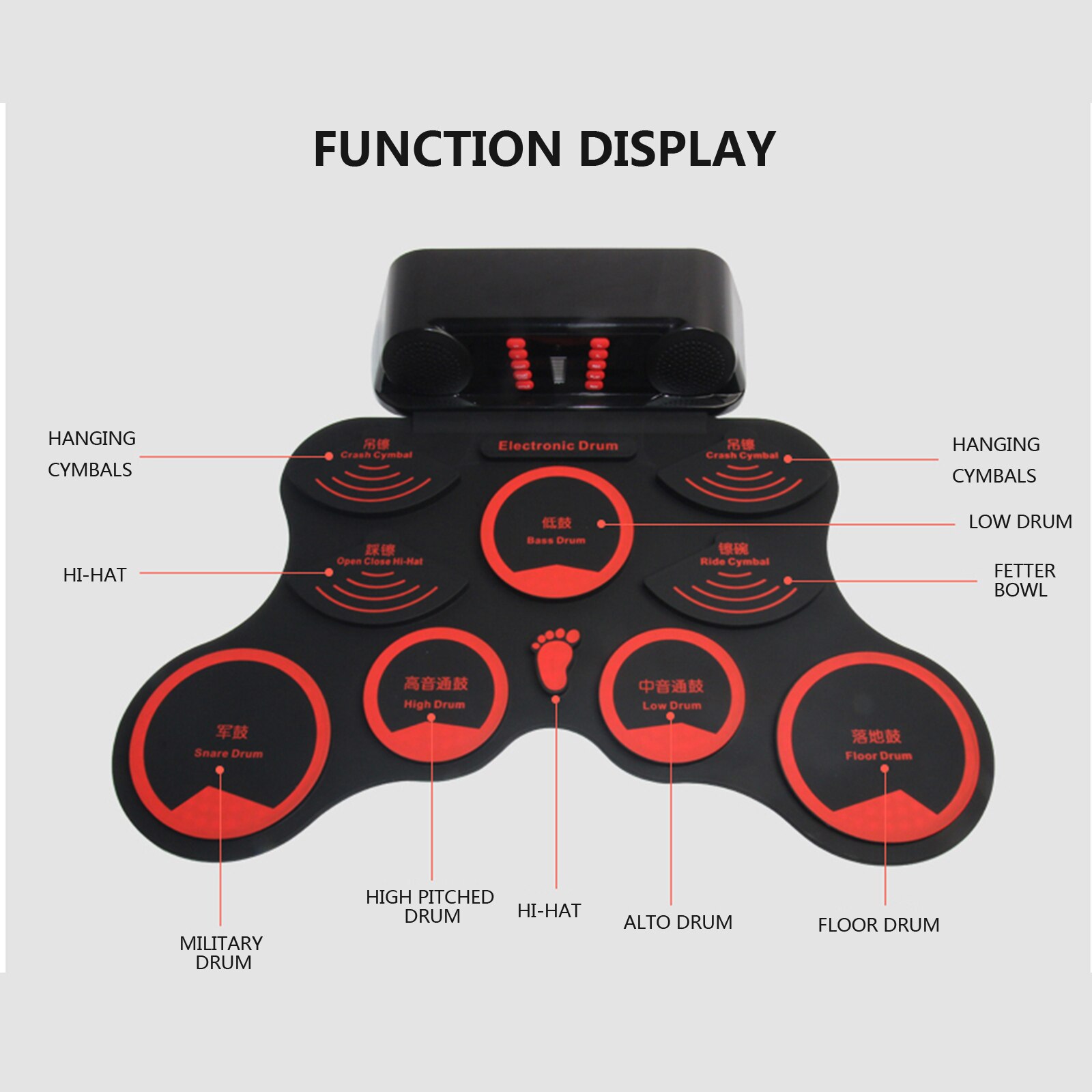 Compact Size Roll-Up Silicon Drum Set Digital Electronic Drum Kit with Drumsticks Foot Pedals 9 Drum Pads for Beginners