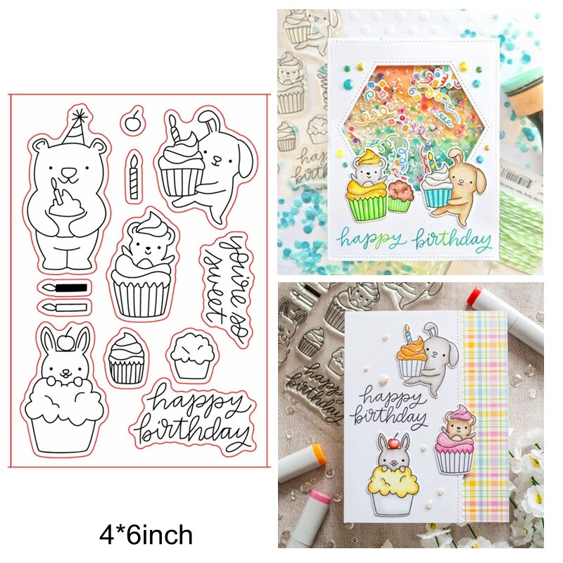 Sellos de silicona transparente para niños y niñas, bonitos animales mezclados, pastel de feliz cumpleaños, abeja, Ángel, unicornio, sello transparente, fabricación de tarjetas artesanales: 4