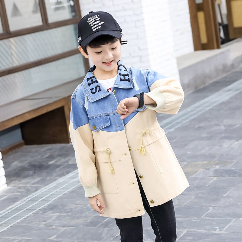 Boys Denim Trench 3-13 years old Korean Spring and Autumn Children's Clothing Letter Turn-down Collar Kids Clothes