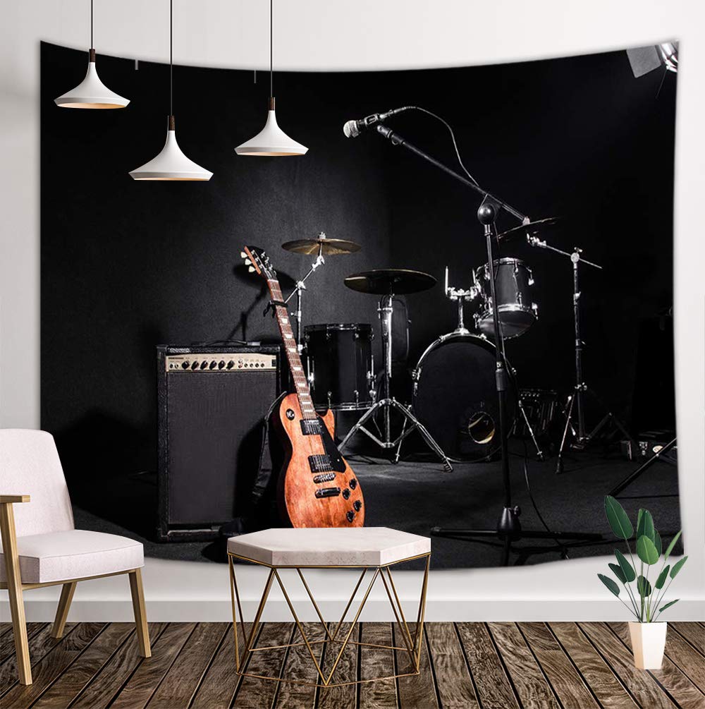 Musical Instruments Guitar with Drum in Black Wall Tapestry Art
