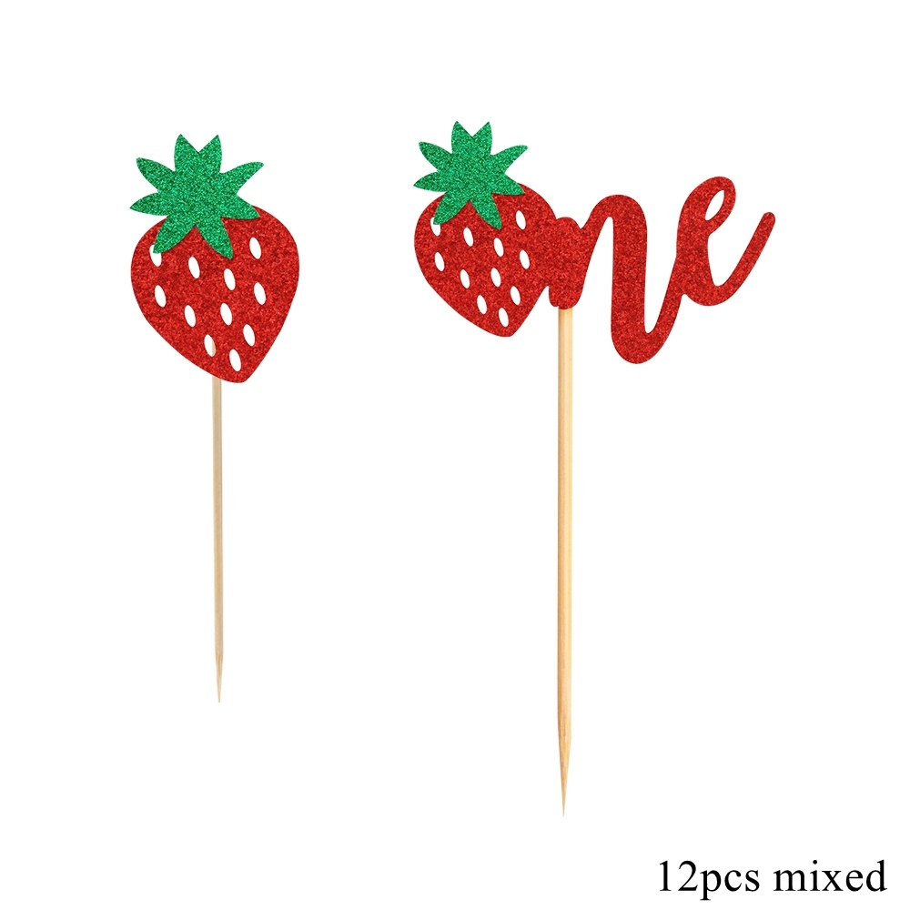 1set Bling Strawberry Cupcake Toppers Sweet One Topper for Summer Strawberry Fruits Themed Happy Birthday Party Cake Decoration: DARK GRAY