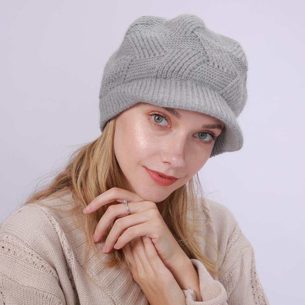 Chapeaux en laine tricotée Skullies, 1 pièce, bonnets de cyclisme en plein air en poils de lapin pour femmes, visières chaudes en polaire, couleur unie: Light Gray