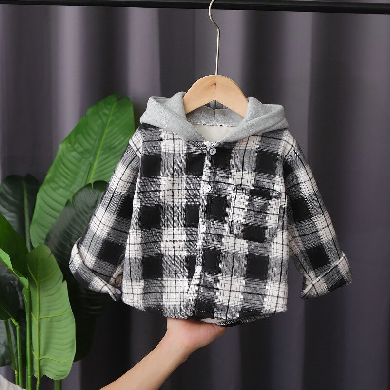 Kinderen Jassen Kinderkleding Jongens Plus Fluwelen Winter Enkele Stuk Plaid Shirt Lange Mouwen Capuchon kinderen