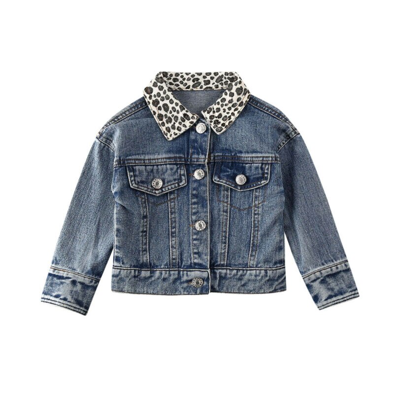 Newest Toddler Kid Children Girls Long-Sleeved Denim Leopard Turn-down Collar Jackets Baby Denim Coat Outerwear