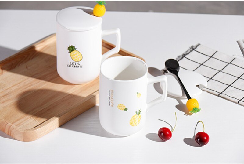 400ml europeisk sommar ananas mugg med sked, silikon sked keramisk kopp frukost muggar kaffekopp