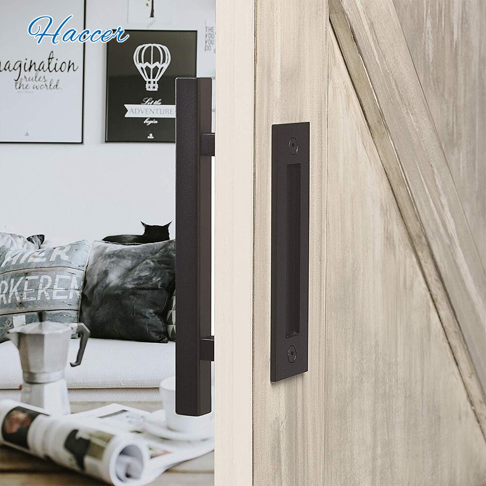 Gifsin 12" Heavy Duty Barn Door Pull Handle Square Shape Flush Pull Handle Set Carbon/Stainless Steel Door Hardware