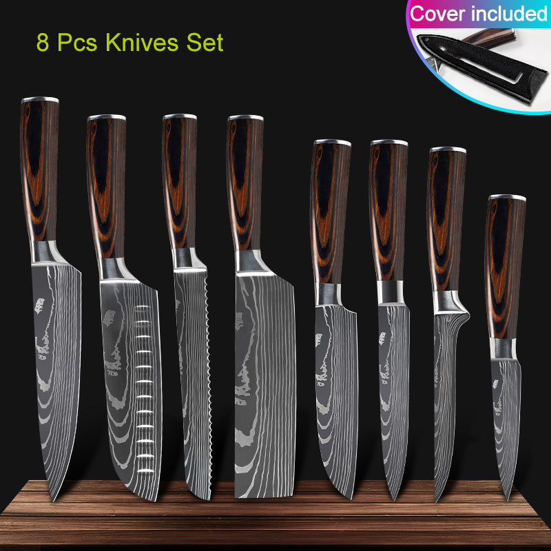 Köksknivar set kockknivar rostfritt stål imitation damaskus mönster santoku klyv skärning verktygsknivar