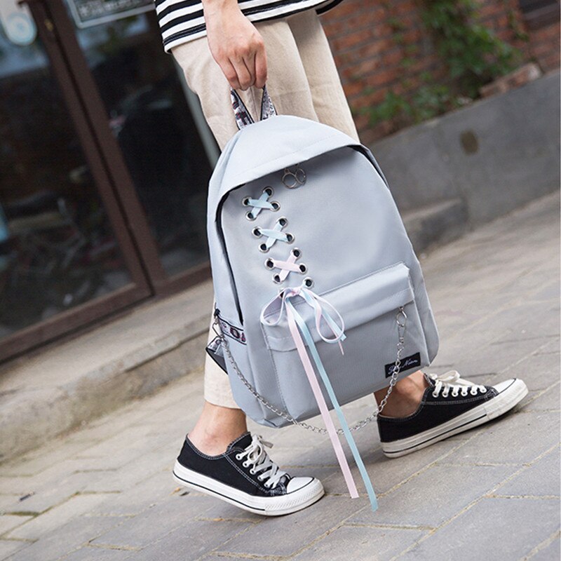 Dames canvas rugzak tiener schattige haarbal lint studenten schooltas meisjes grote capaciteit schouder reistas  b82: B157- grijs