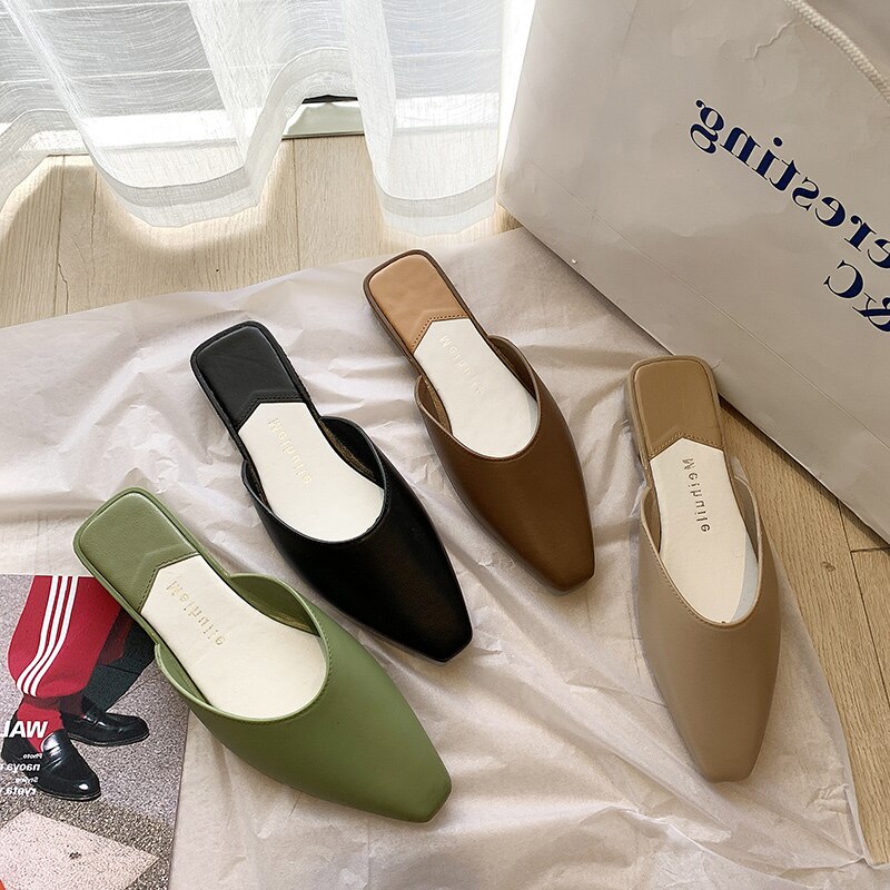 Spetsiga tå mulor kvinnor sommar tofflor godis färg flats slip-on dam sandaler slides pu kvinnor skor