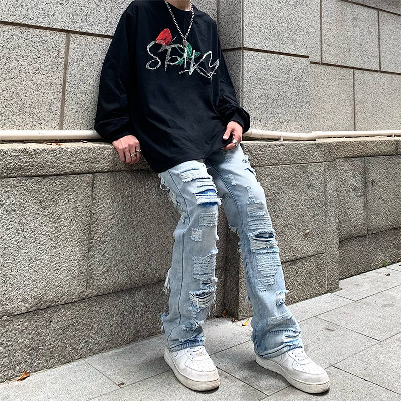 Baggy Jeans Hole Flare Denim Trousers Men Hip Hop Distressed Streetwear Ripped Flared Jeans Biker Tailored Washed Destroyed