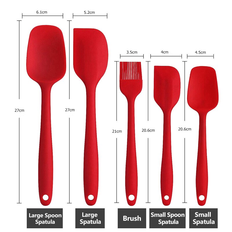 6Pcs/set Silicone Spatula Mixing Sets Pastry Scraper Non Stick Butter Spreader Jar Blender Cooking Spatula Spoon Kitchen Baking: 5pcs Red