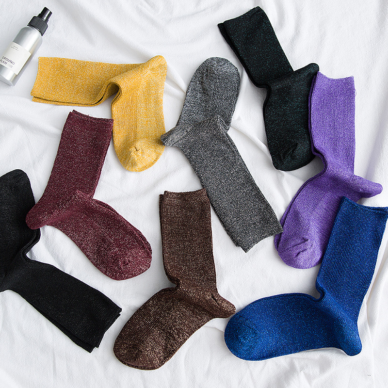Helle funkelnde Damensocken, modische glitzernde glänzende Socken, süße süße goldene silberne Socken, Frühling und Herbst, atmungsaktive Socken