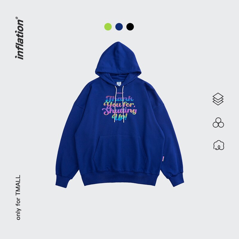 INFLATION Slogan Reflective Hoodie Men Streetwear Spring Stylish Blue Oversized Hooded Sweatshirt Couple Pullovers: Royal Blue / XL