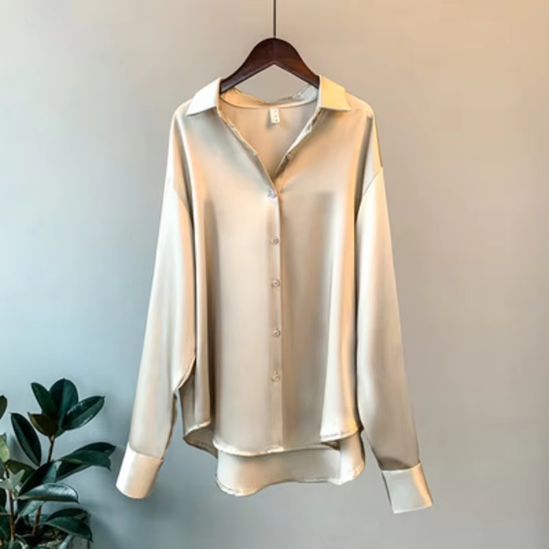 Vårskjorte med knapper i sateng og silke, vintagebluse, hvite topper, dame, lange ermer, løse gateskjorter, 11355: Xxl / Aprikos