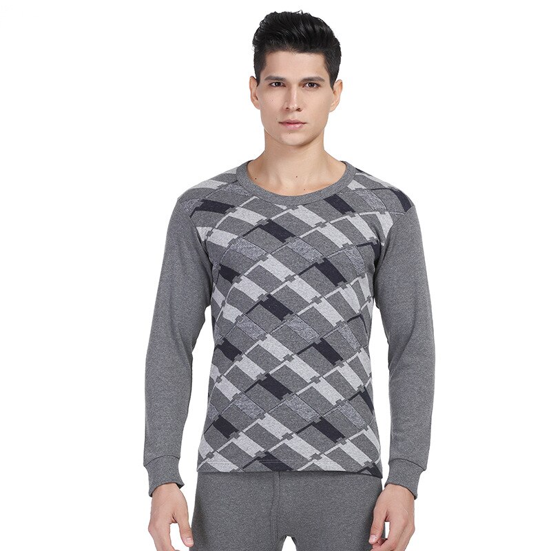 Men Plus Size Cotton Winter and Autumn Thermal Underwear Round Collar Undercoat Jacquard Long Johns Suit: 6817-Dark Gray / L