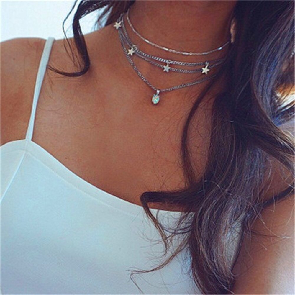 Bohemian Multilayer Ster Maan Hanger Ketting Voor Vrouw Mode Geometrische Charme Ketting Choker Ketting Sieraden