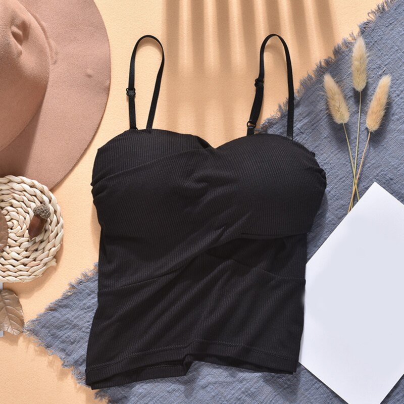 Sexig kvinnaväst sommar enfärgad slimmad crop top ärmlös sele kort stötsäker push-up väst för kvinnor: Svart