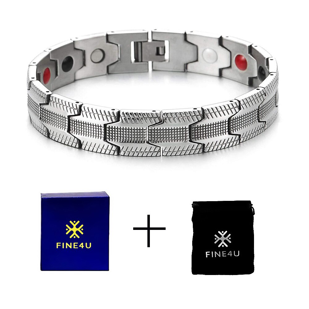 FINE4U B386 Negative ions Magnetic Therapy Bracelet & Bangle Hologram Bio Energy Bracelets Wristband for Men: Steel3