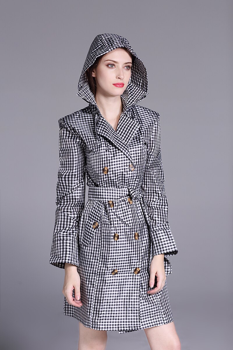 Freesmily Women Colored Grid Stylish Rain Poncho Waterproof Rain Jacket Coat with Waistband and Hood