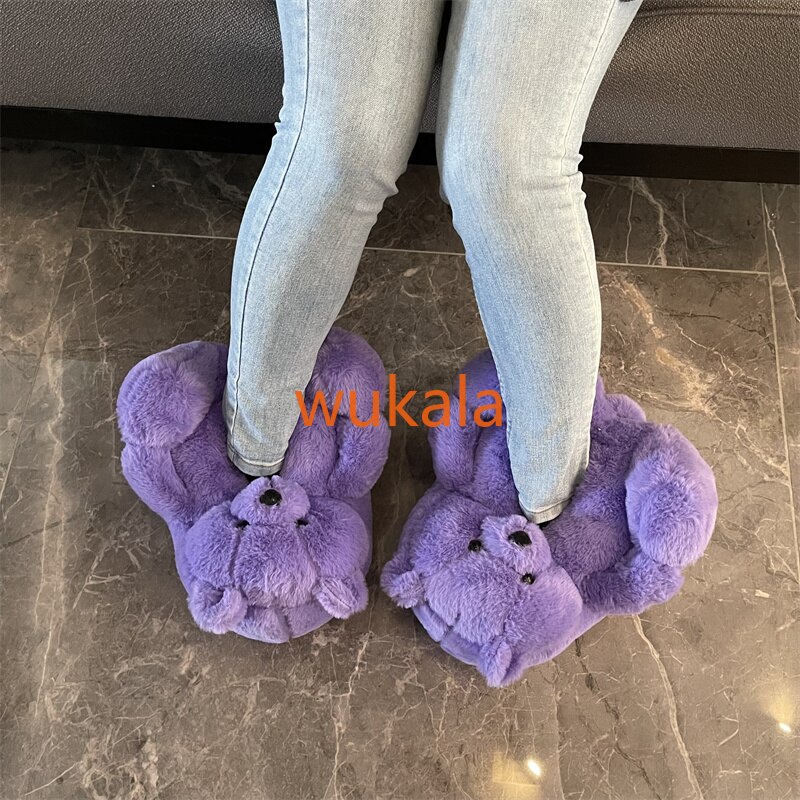 Pantofole da donna in peluche viola orsacchiotto uva viola morbida pantofola da casa per donna orso carino ragazze pelliccia sintetica pelliccia scivoli scarpe pelose