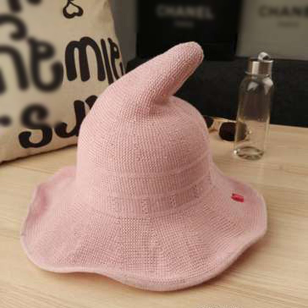Modern halloween ull häxahatt för kvinnor vikbar bredbredd solboll hatt mössa andningsbar bomulls solhatt: Rosa
