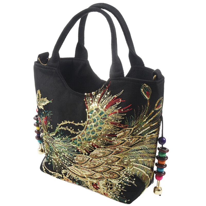 Paillettes brillantes paon brodé femmes toile fourre-tout sac, été Shopping sac à bandoulière Vintage perlé chaîne sac à main noir