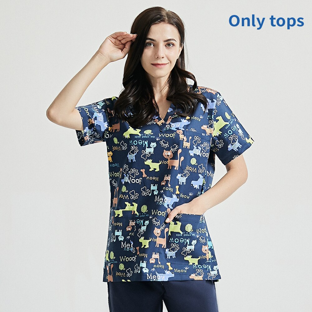 Health service desigh women suits V-neck Beautician workwear dog print scrub tops Short Sleeved pet store work clothing: tops / XXL
