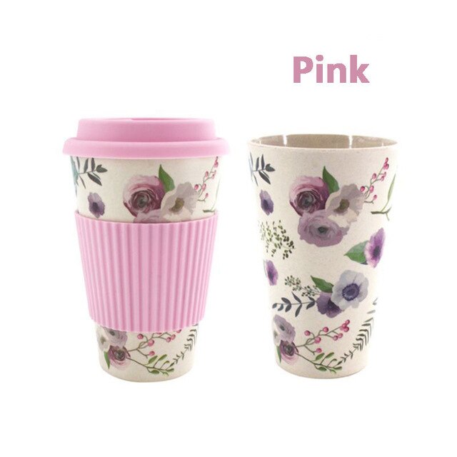400ml Reusable Bamboo Fibre Coffee Cup Coffee Tea Mug Wheat Straw Travel with Silicone Lid: pink