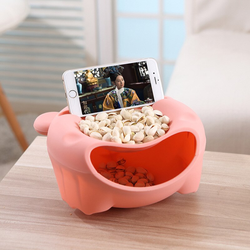 Snack Bowl with Shell Holder, Cute Bear Double Dish Nut Bowl With Cellphone Holder Slot for Pistachio, Peanuts, Sunflower Seed,: Pink