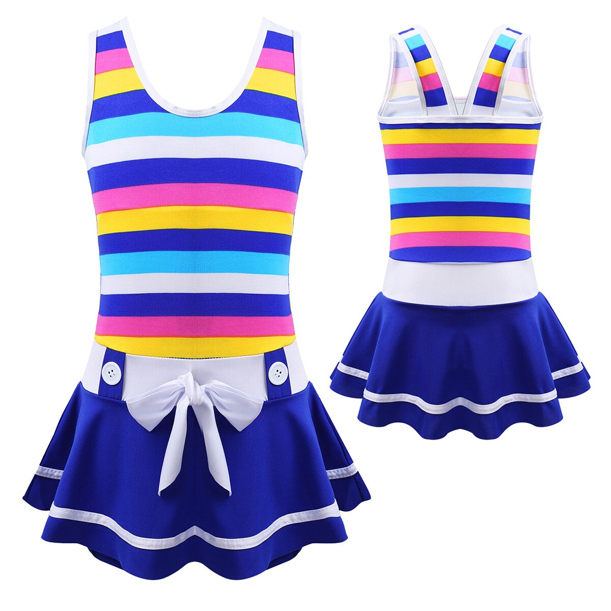 Summer Kids Girls One-piece Wide Shoulder Strap Striped Bowknot Swimsuit Swimwear Bathing Suit Children Quick Dry Swim Beachwear: Blue / S