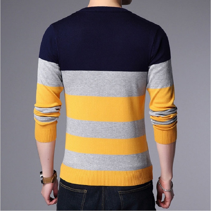 Casual slim fit stickad tröja herr höst vinterkläder herr o-ringad långärmad randig tröja herrkläder