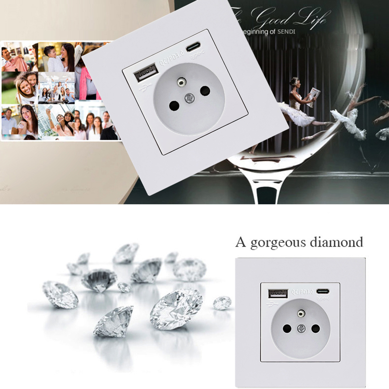USB Type C Pop Socket French | German Electrical Plug White Panel Wall Power Socket Russian, 2100mA USB-C Fast Charging Outlet