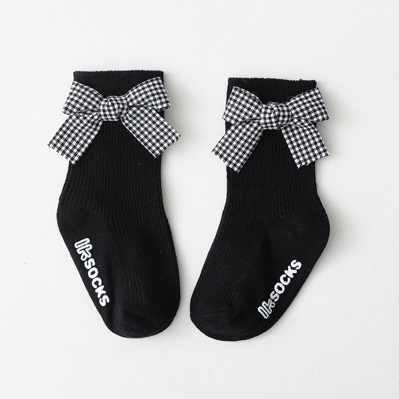 Zoete Plaid Bows Baby Sokken Lente Katoen Prinses Baby Meisjes Korte Sokken Baby Peuter Anti-Slip Vloer Sokken Sokken: black