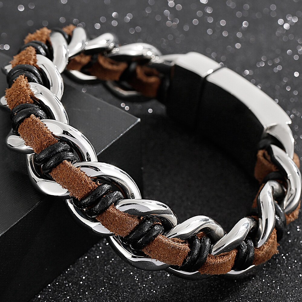 Handgemaakte Lederen Wrap Armband Mannen Jongens Armbanden Titanium Rvs Heren Biker Sieraden Accessoires Manchet Bangle Mannelijke