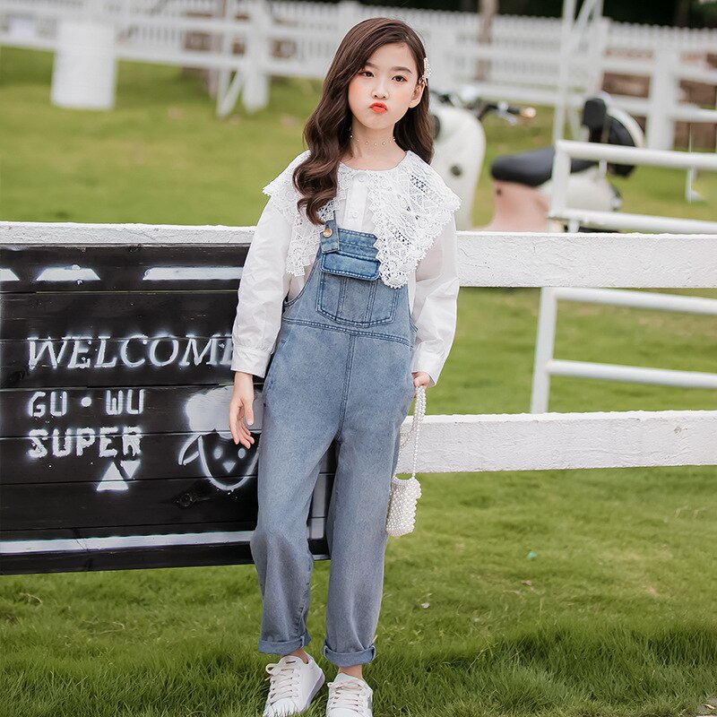 Monos de primavera para niños, Mono vaquero holgado para niñas, pantalones vaqueros para niños, ropa sólida para niñas, salopetas para estudiantes, 12, 13 y 14 años