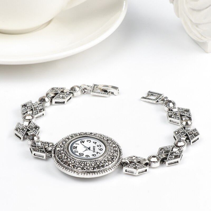REVELRY-relojes de plata antigua para mujer, pulsera de cristal negro brillante de lujo, reloj de cuarzo Vintage, novedad de