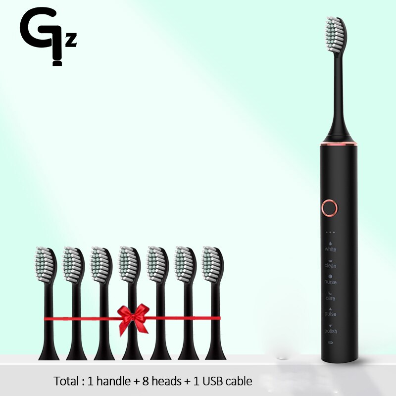 GeZhou-cepillo de dientes eléctrico sónico para niños, dispositivo de limpieza recargable IPX7, resistente al agua, 18 modos de viaje, 16 cabezales: N100blcak 8