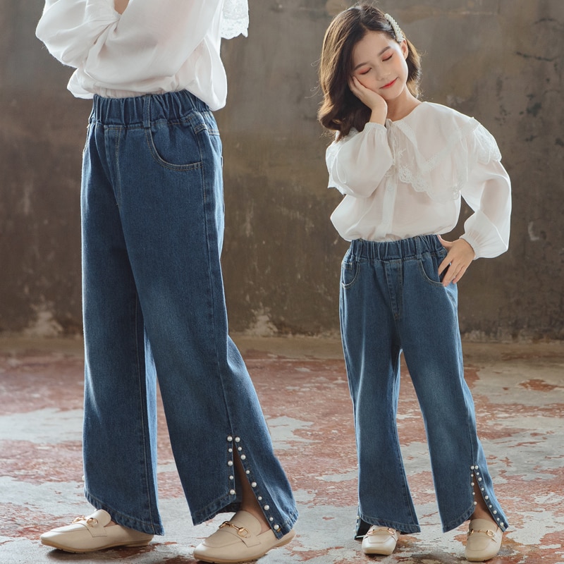 Pearls Jeans for Girls Spring Boot Cut Pants Solid Kids Clothing Teenager Girls Wide Leg Jeans For Girls 4 6 8 9 12 14 Years